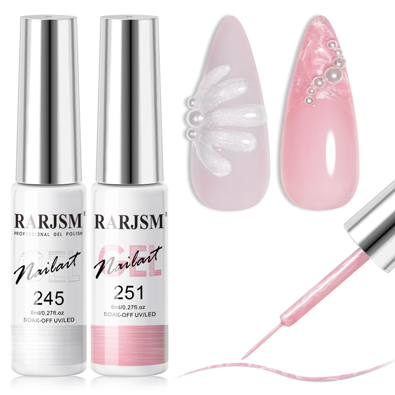 RARJSM Pearl Nail Art Gel Liner 2 Pcs Set Pearlescent Milky Silver White and Pink Shell Glitter Swirl Effect Gel Nail Polish 8ml Build in Thin Brush Beauty and Personal Care RARJSM Default Title