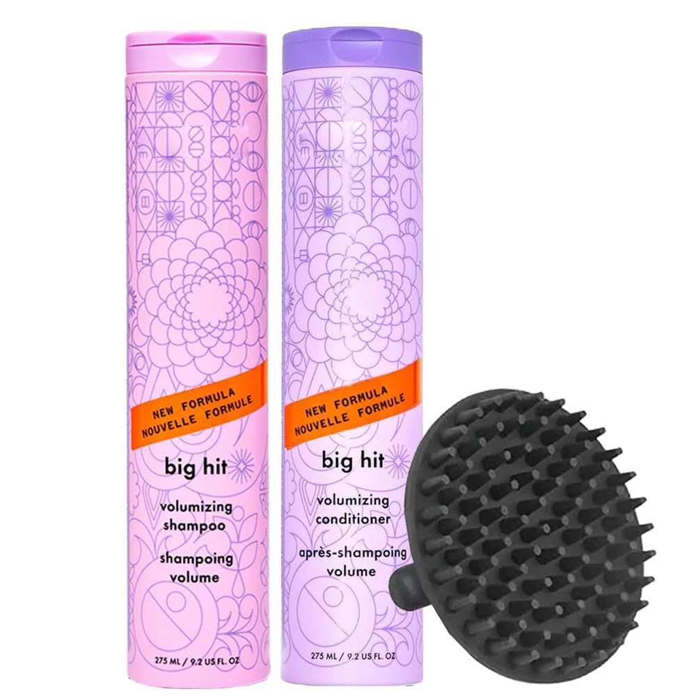 Amikaa Big Hit Volumizing Shampoo and Conditioner Duo 9.2 oz Set with Scalp Shampoo Brush - For Fine to Medium Hair