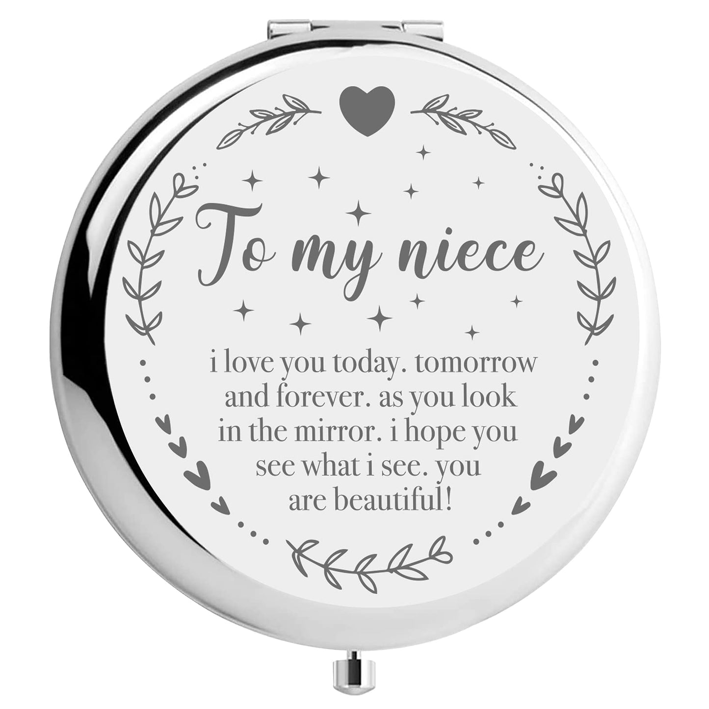 YSUNM Ming Heng Niece Gift Silver Travel Compact Makeup Mirror, Graduation & Birthday Gift Ideas