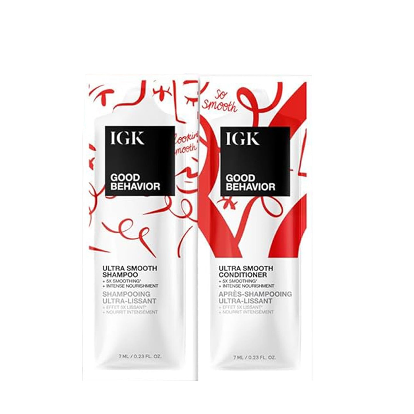 IGK GOOD BEHAVIOR Ultra Smooth Shampoo & Conditioner Set + Travel Size Packettes | Frizz Control + Shine | Vegan + Cruelty-Free | 8 oz (Pack of 2)