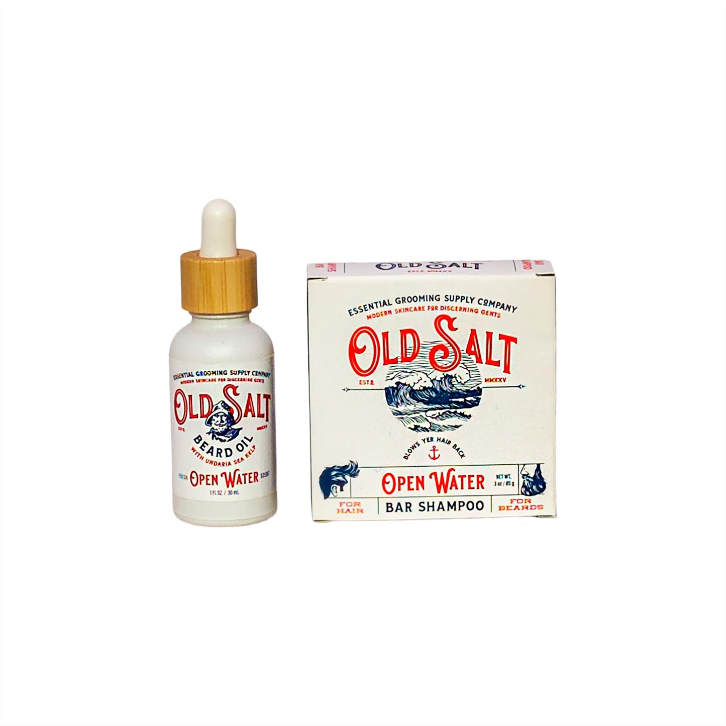 Open Water Beard Oil and Bar Shampoo Set - Old Salt Grooming Supply - Sea Moss Scent, For Hair and Beard Care, Natural, Handcrafted, No Harsh