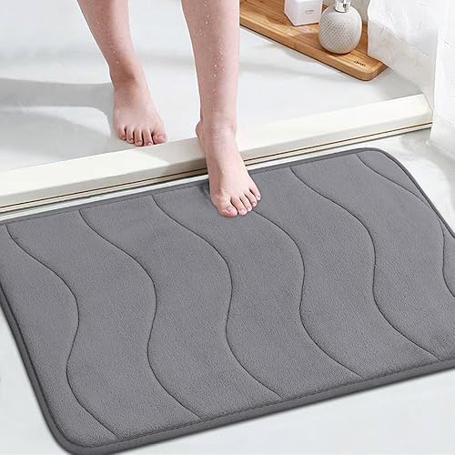 Flamingo P Memory Foam Bath Mat for Bathroom Non Slip Quick Dry Super Water Absorbent Shower Rug,24x17,Grey