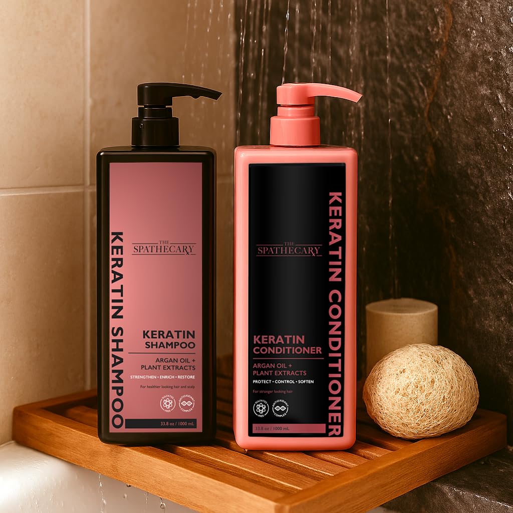 THE SPATHECARY Keratin Shampoo & Conditioner Set with Argan Oil & Plant Extracts - Strengthening & Smoothing Hair Care Duo for Dry Damaged Hair, Frizz