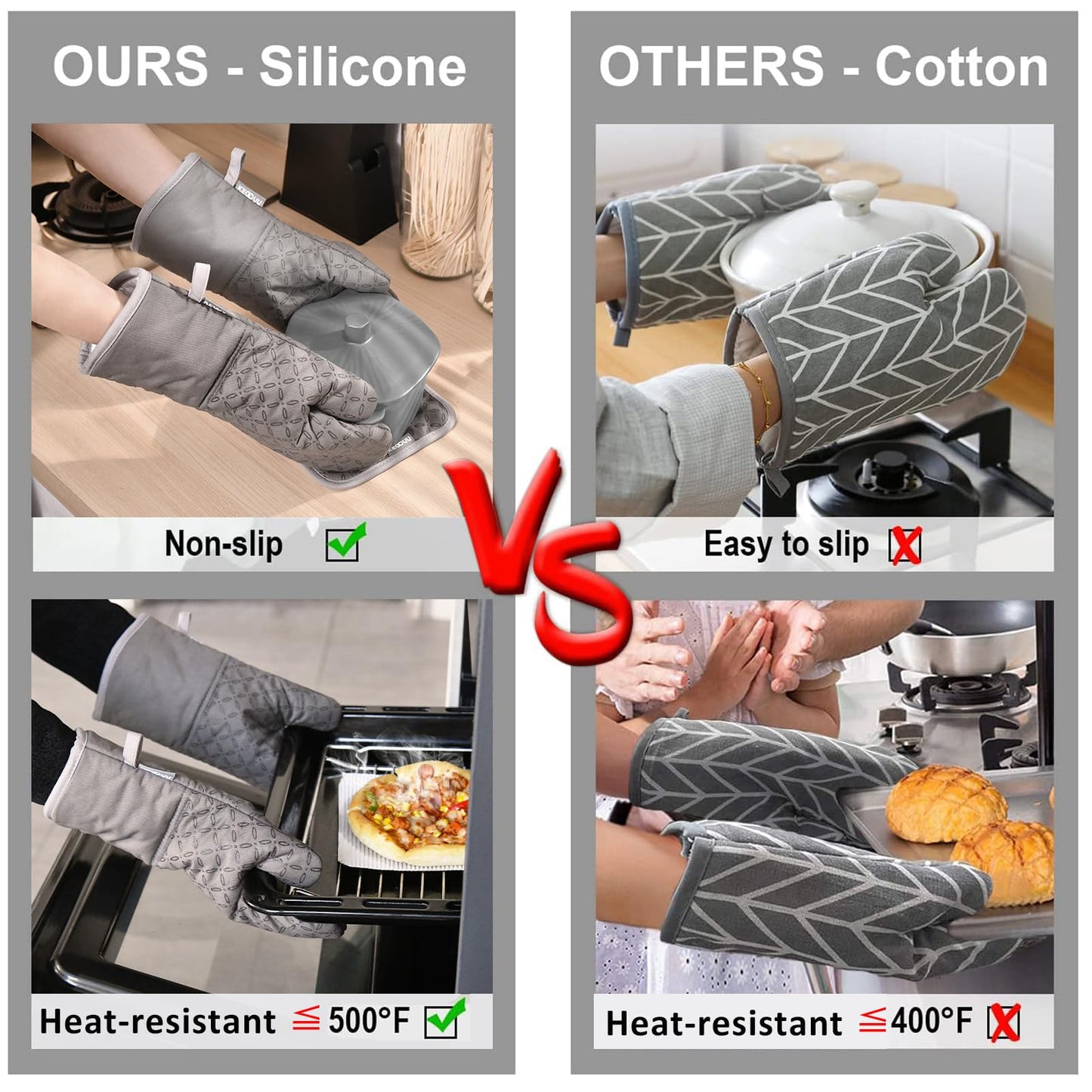 KEGOUU 6-Piece Oven Mitt & Pot Holder Set – 500°F Heat Resistant, Extra Long, Non-Slip Silicone for Cooking, Grey