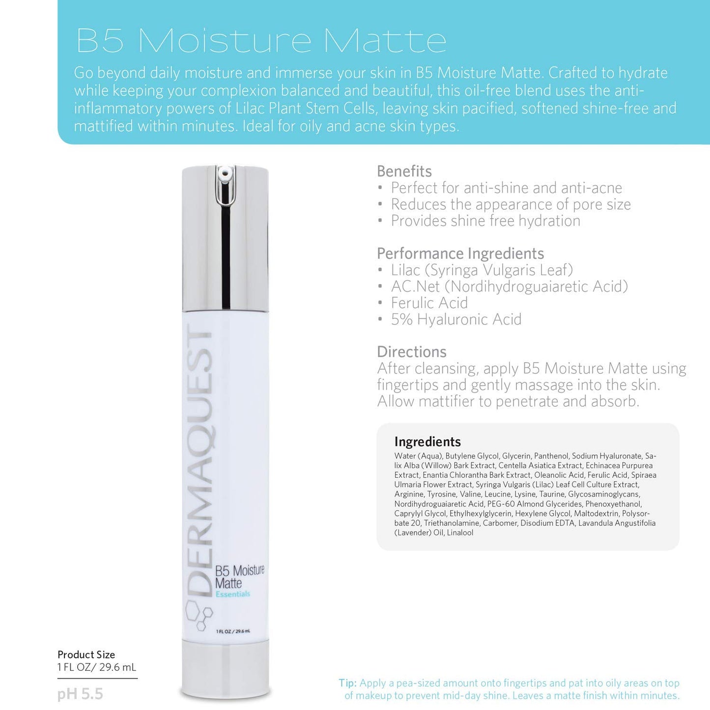 DermaQuest Essential B5 Moisture Matte - Face Moisturizer for Oily & Acne Prone Skin - 5% Hyaluronic Acid Women & Mens Moisturizer - Reduces Oil