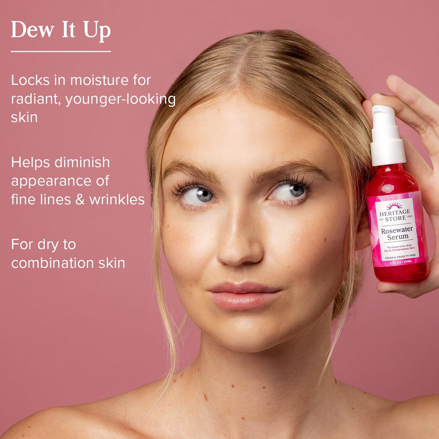 HERITAGE STORE Rosewater Facial Serum, 1% Hyaluronic Acid - Deep Hydration for Dry/Combination Skin Care - Minimizes Look of Fine Lines and Wrinkles