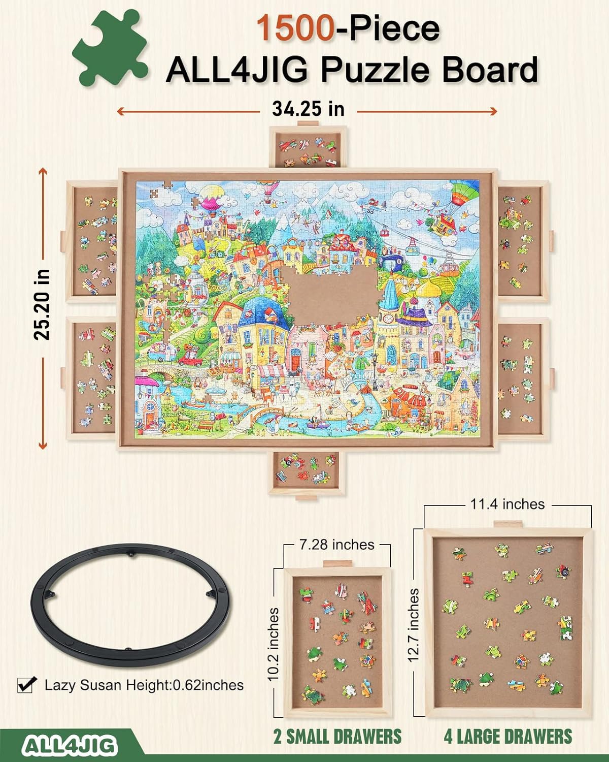 ALL4JIG 1500 Piece Rotating Puzzle Board with 6 Drawers & Cover, 25"x34" Portable Wooden Jigsaw Table for Adults, Lazy Susan Puzzle Gift