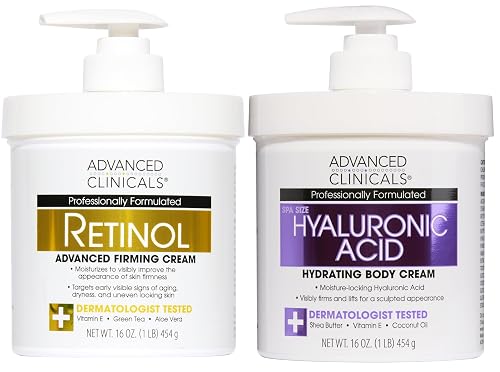 Advanced Clinicals Retinol Body Cream + Hyaluronic Acid Moisturizer 2pc Skincare Set | Face Cream & Body Lotion For Women & Men Helps Improve