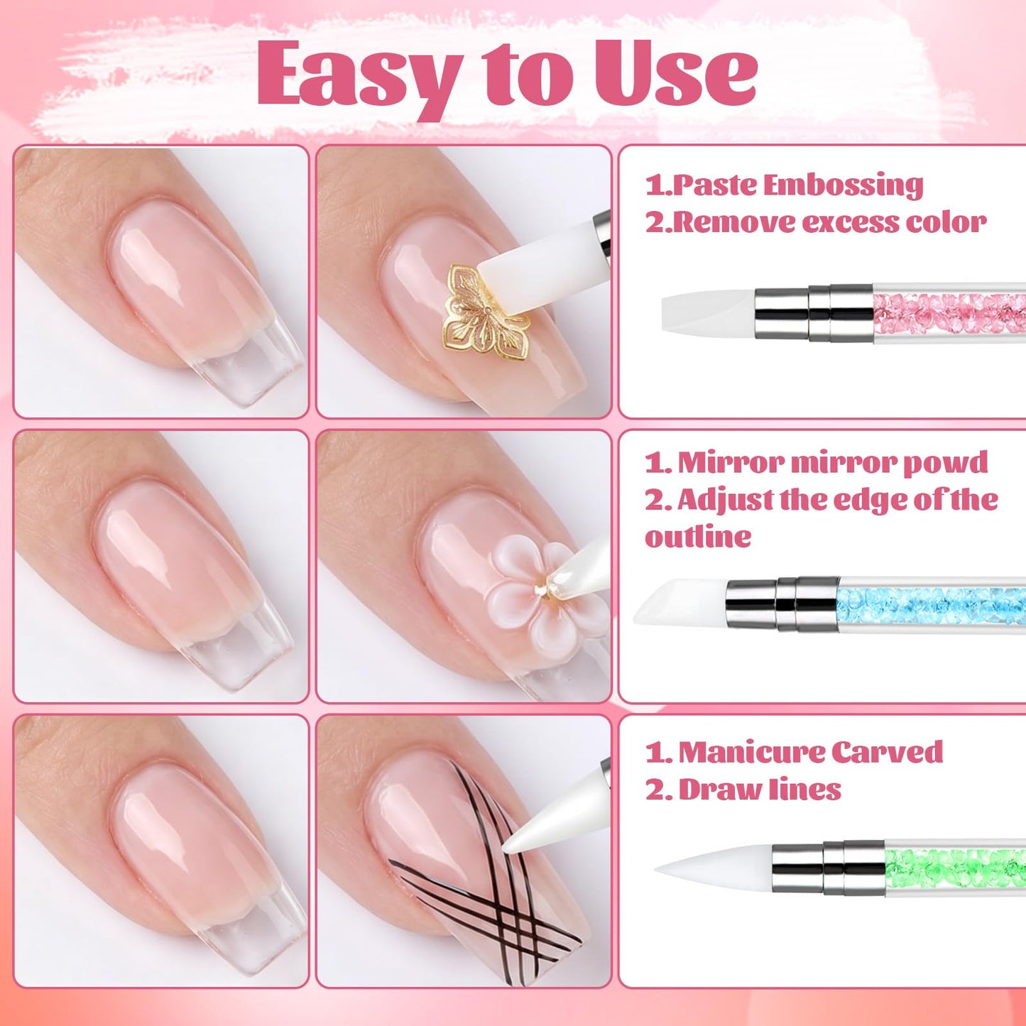 3 Pcs Nail Art Sculpture Pen, Dual Tipped Silicone Nail Tools, Silicone Head Acrylic Handle Nail Art Brushes, Rhinestone Nail Polish Carving Pen, Nail Beauty and Personal Care AHQiZFX