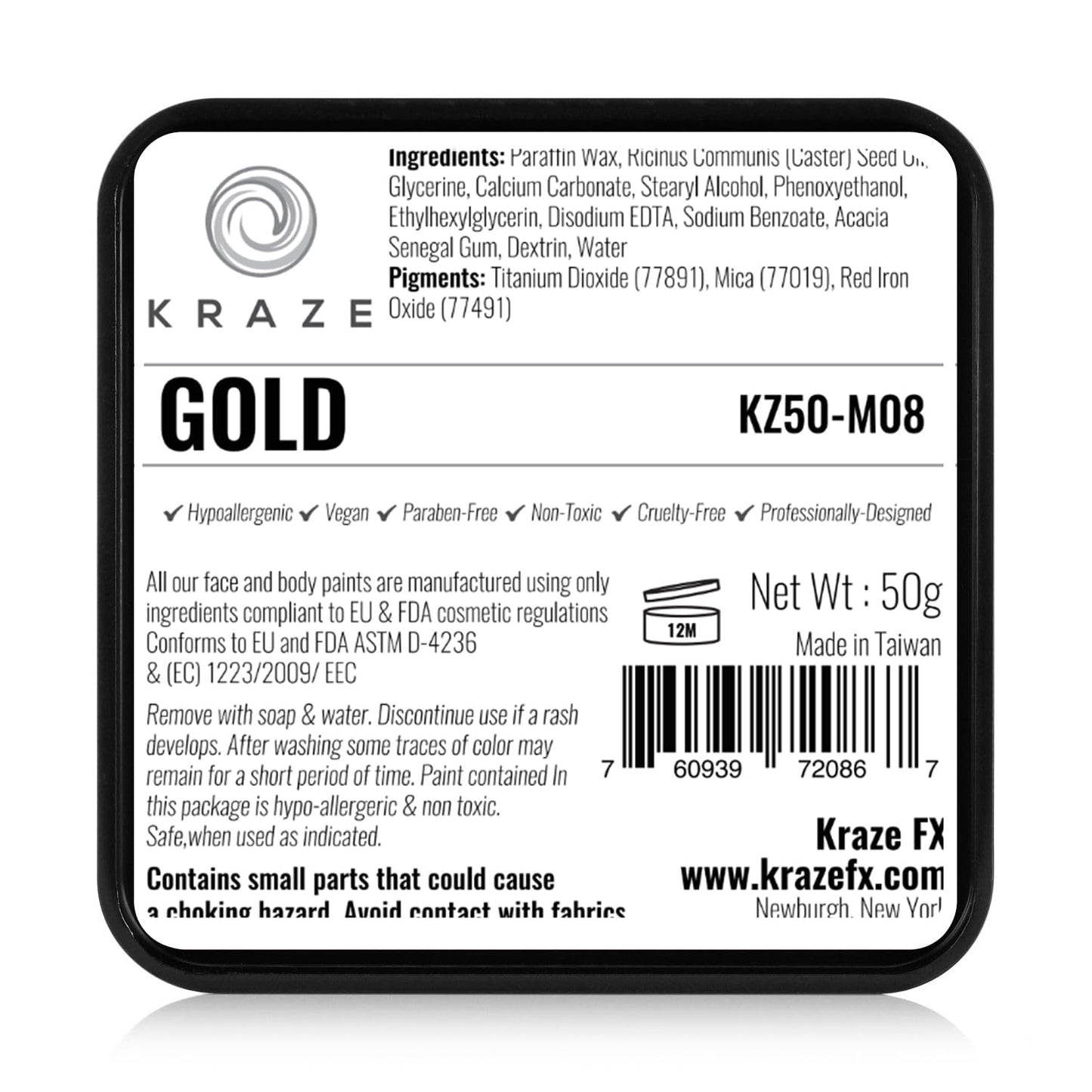 Kraze FX Square - Metallic Gold Face Paint (50 gm) - Hypoallergenic, Non-Toxic, Water Activated Professional Face & Body Painting Makeup Supplies