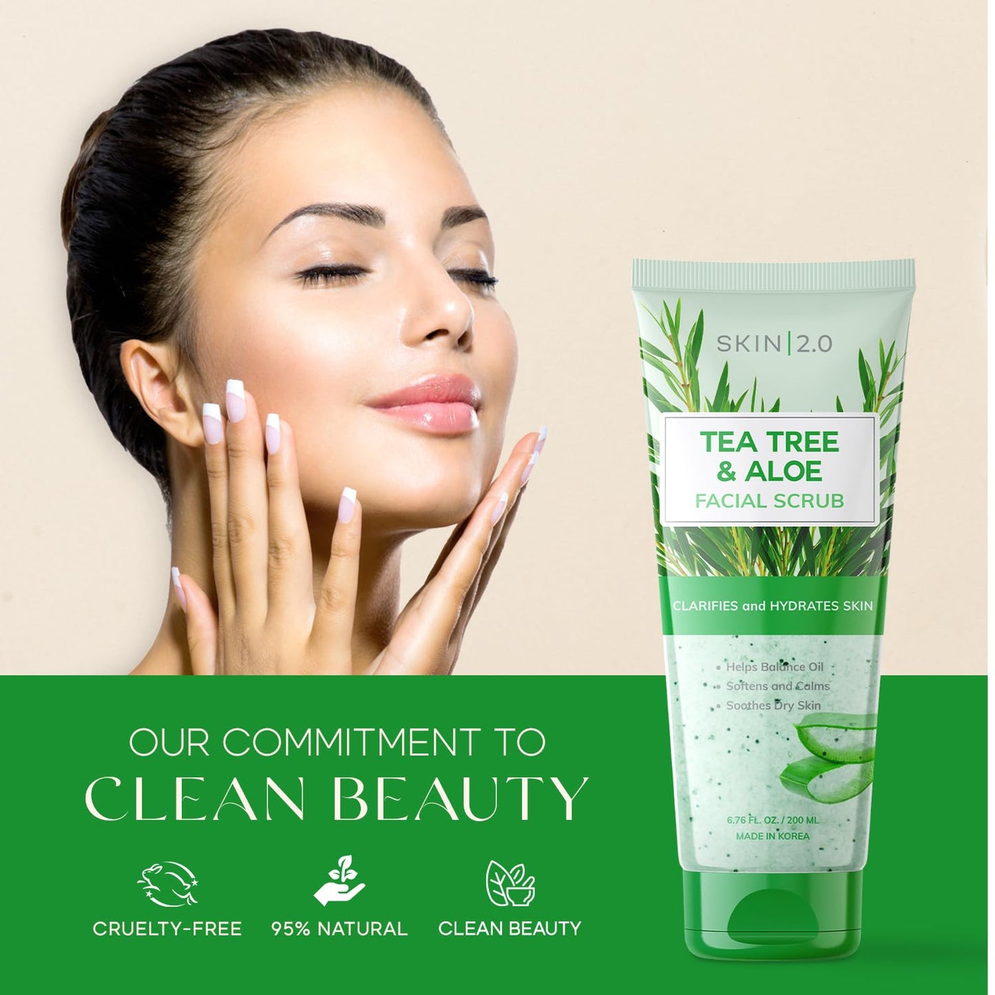 Skin 2.0 Tea Tree & Aloe Gentle Exfoliating Scrub - Dermatologist Tested, Multi-Tasking Cleanser, Clears Skin - Anti-Aging, Clean Beauty, Cruelty-Free