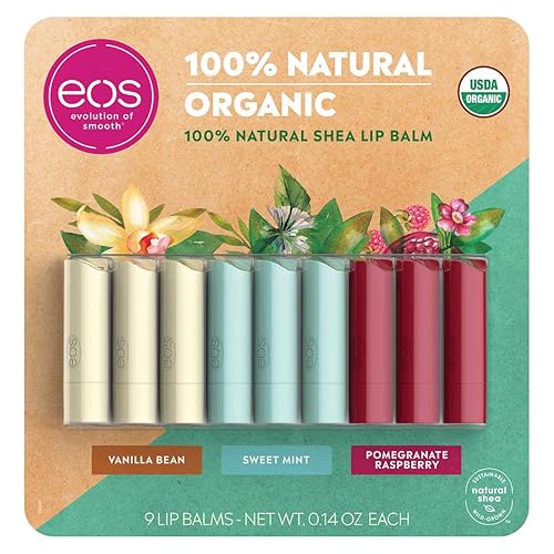 EOS Evolution of Smooth Organic Lip Balm Care Collection, 9 Pack - Vanilla Bean, Sweet Mint, Pomegranate Raspberry - Moisturizing