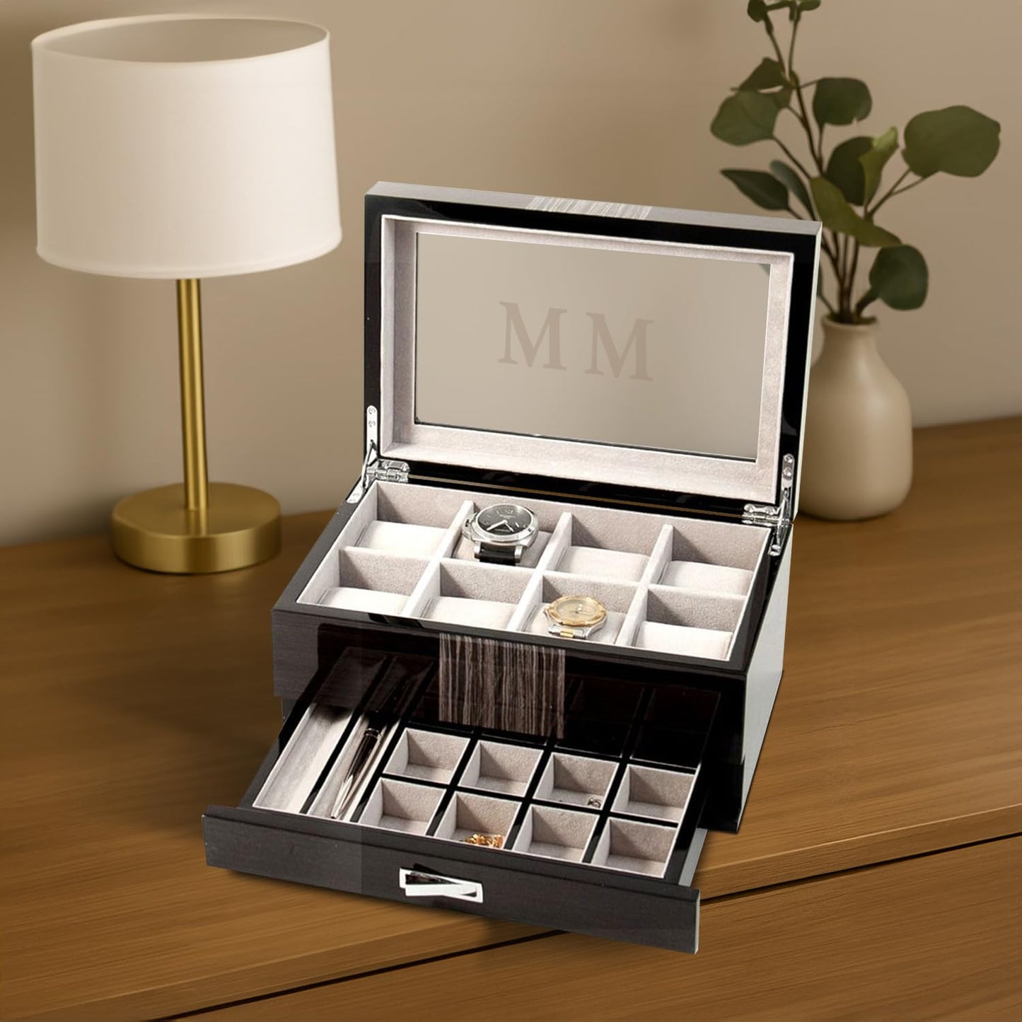 Bey-Berk Tucker 10-Slot Watch and Jewelry Box, Lacquered Wenge Wood Glass-Top Organizer with Velour-Lined Cufflink and Pen Drawer, 12" x 8" x 6"