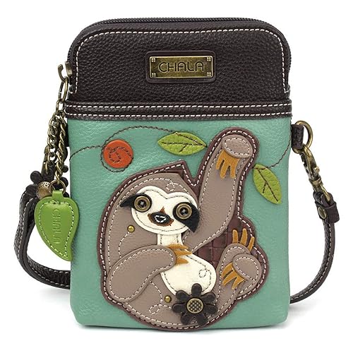 CHALA Wilderness Animal Collection Cell Phone Crossbody Purse-Women PU Leather/Canvas Multicolor Handbag with Adjustable Strap - Sloth - teal