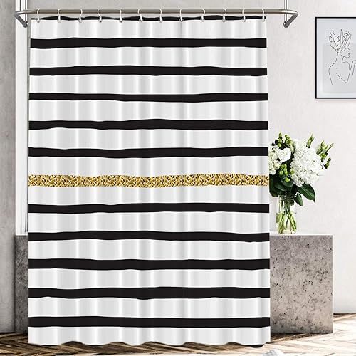 Shrahala Black White and Gold Decorative Shower Curtain, Black and White Geometric Abstract Ink Drawing Shower Curtain for Shower Stall Bathroom…