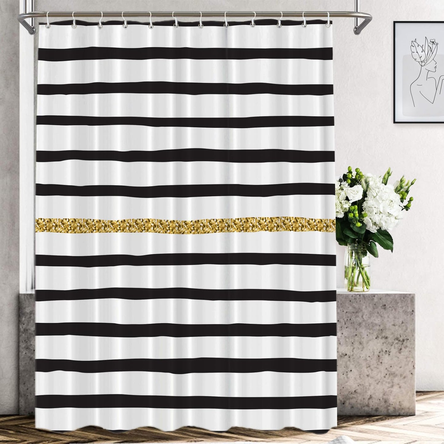 Shrahala Black White and Gold Decorative Shower Curtain, Black and White Geometric Abstract Ink Drawing Shower Curtain for Shower Stall Bathroom…