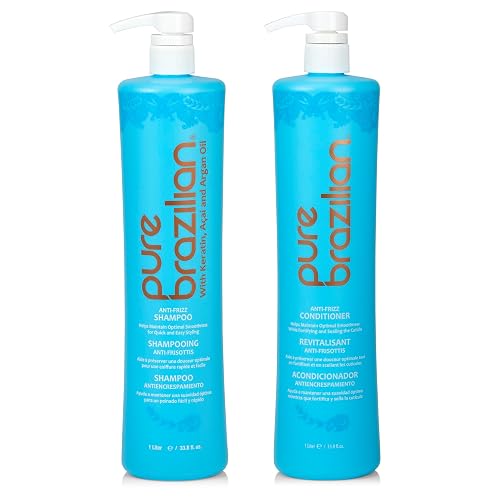 Pure Brazilian Anti-Frizz Daily Shampoo & Conditioner, Salt-Free & Color Safe, Enriched with Keratin, Argan Oil & Acai, 1 Liter (33.8 Fl Oz)