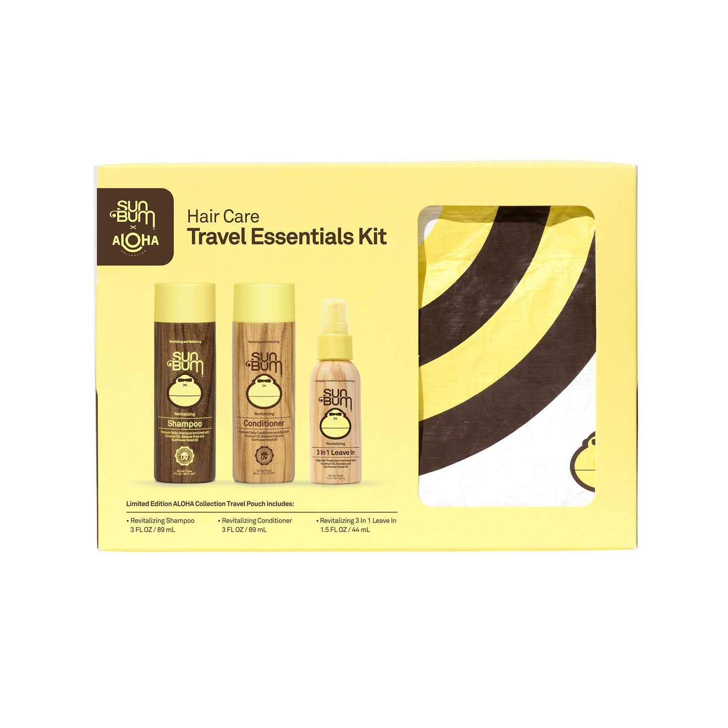 Sun Bum Hair Care Travel Essentials Kit - Revitalize Your Hair With Revitalizing Shampoo, Conditioner, and 3-in-1 Leave In Treatment - Includes Aloha