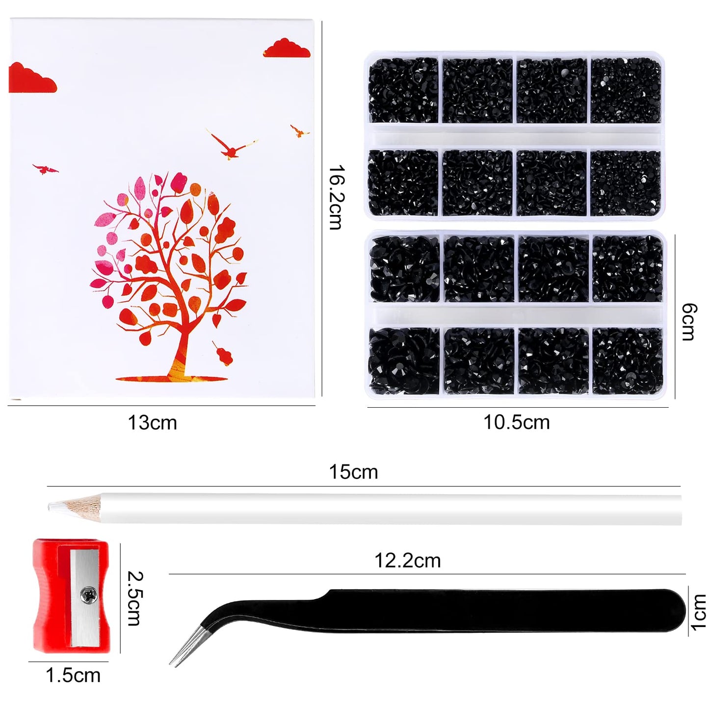QPRETTY DU 10400 Black Rhinestones, Jelly Resin Crystals for Nails, Flatback Non Hotfix DIY Crystals with 15 cm Pencil Sharpener and Tweezer & Picker