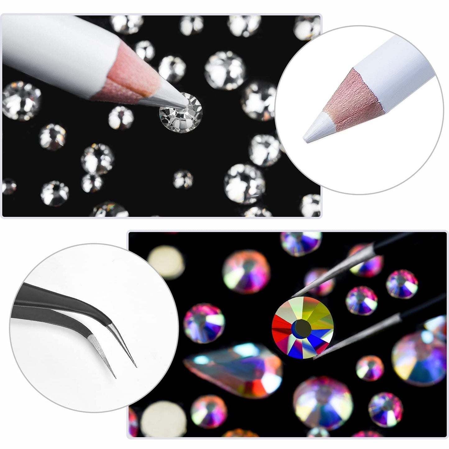 Nail Art Rhinestones Kit HUETFAT 2400pcs Nail Gems Ab Flatback Rhinestones Gems Stones, with Storage Organizer Box/Wax Pencil/Tweezers 6 Sizes