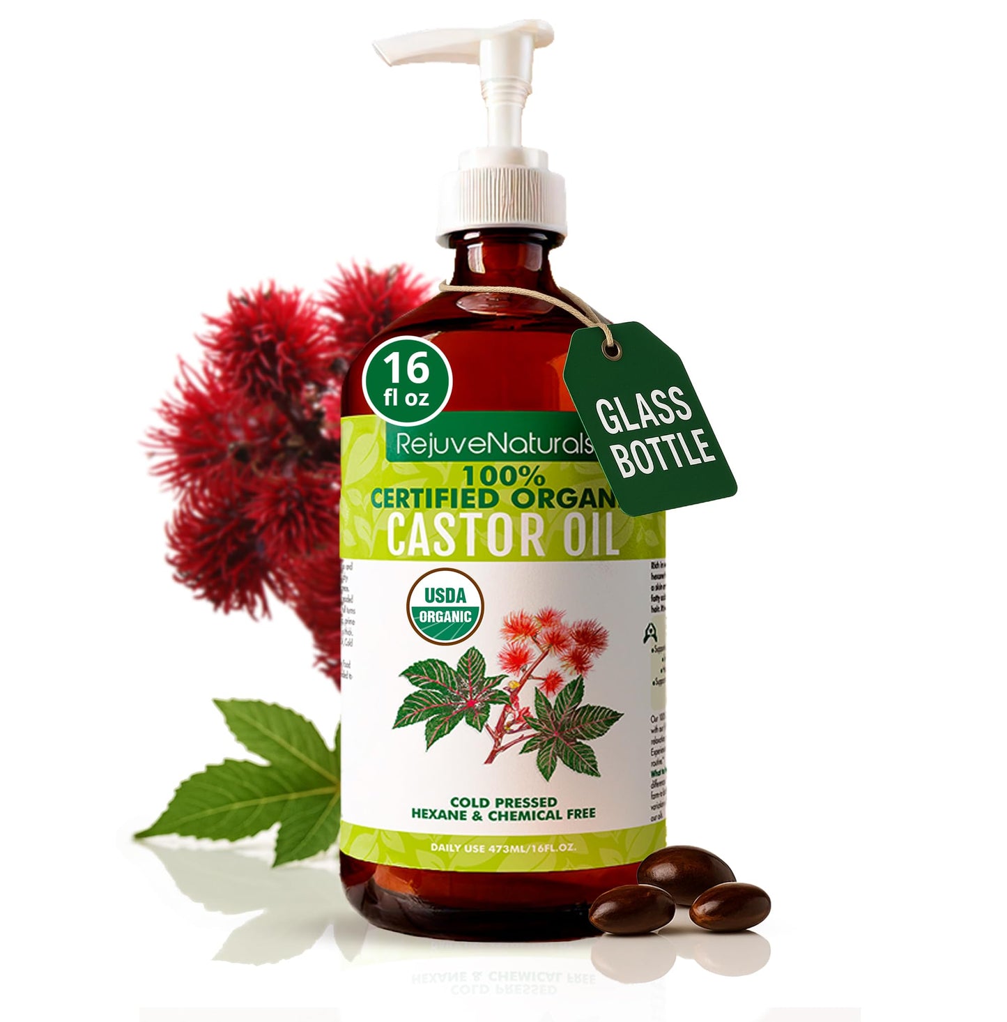 RejuveNaturals Castor Oil (16oz Glass Bottle) USDA Certified Organic, 100% Pure, Cold Pressed, Hexane Free. Boost Hair Growth for Thicker, Fuller