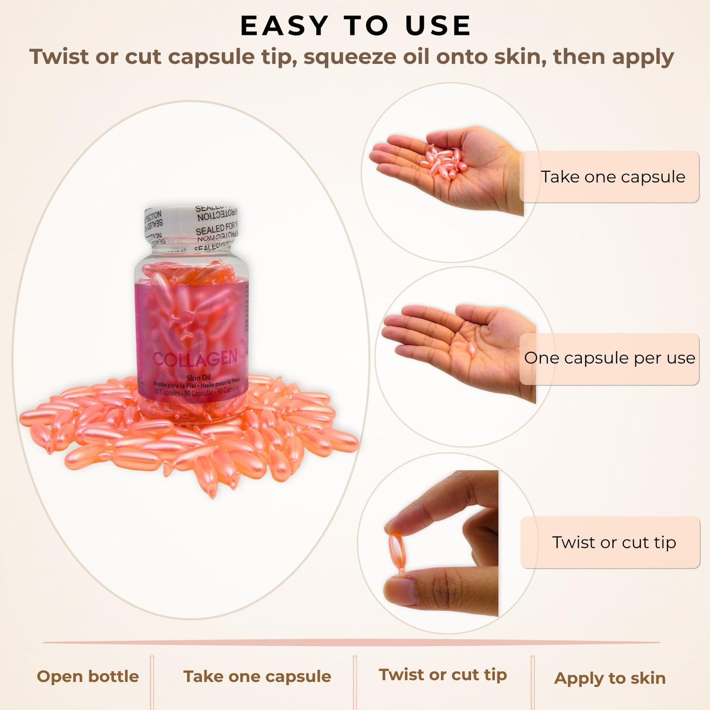 Amazing Shine Collagen Skin Oil Capsules, Topical Use Only, Single Use Twist Off Capsules, External Skin Oil, 90 Capsules