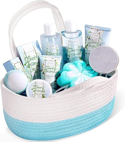 Body & Earth Gift Baskets for Women 11PCS Jasmine Spa Gift Sets for Her, Self Care Kit with Bubble Bath, Shower Gel, Lotion Set, Mothers Day Gifts