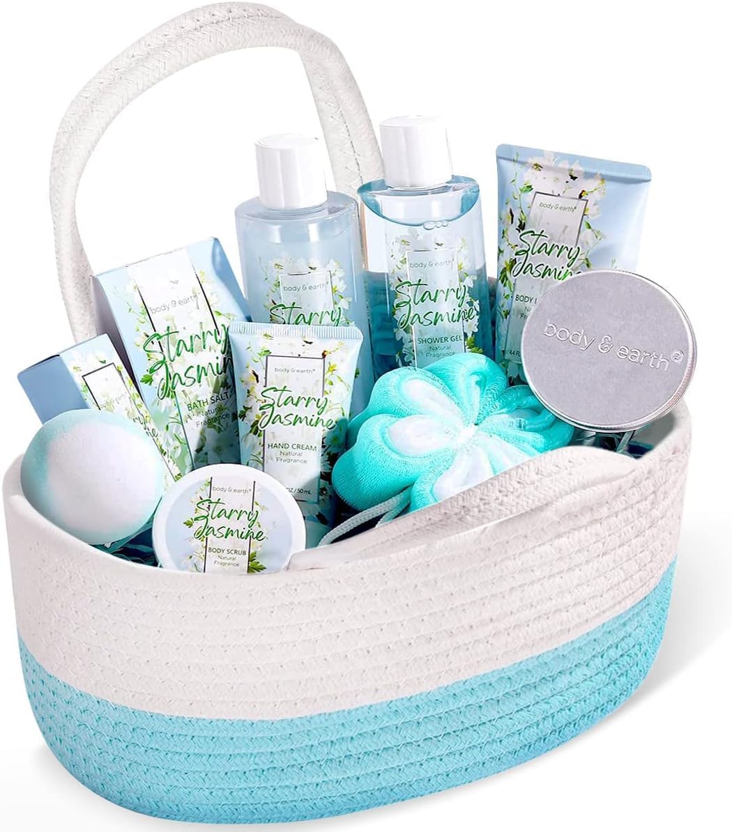Body & Earth Gift Baskets for Women 11PCS Jasmine Spa Gift Sets for Her, Self Care Kit with Bubble Bath, Shower Gel, Lotion Set, Mothers Day Gifts