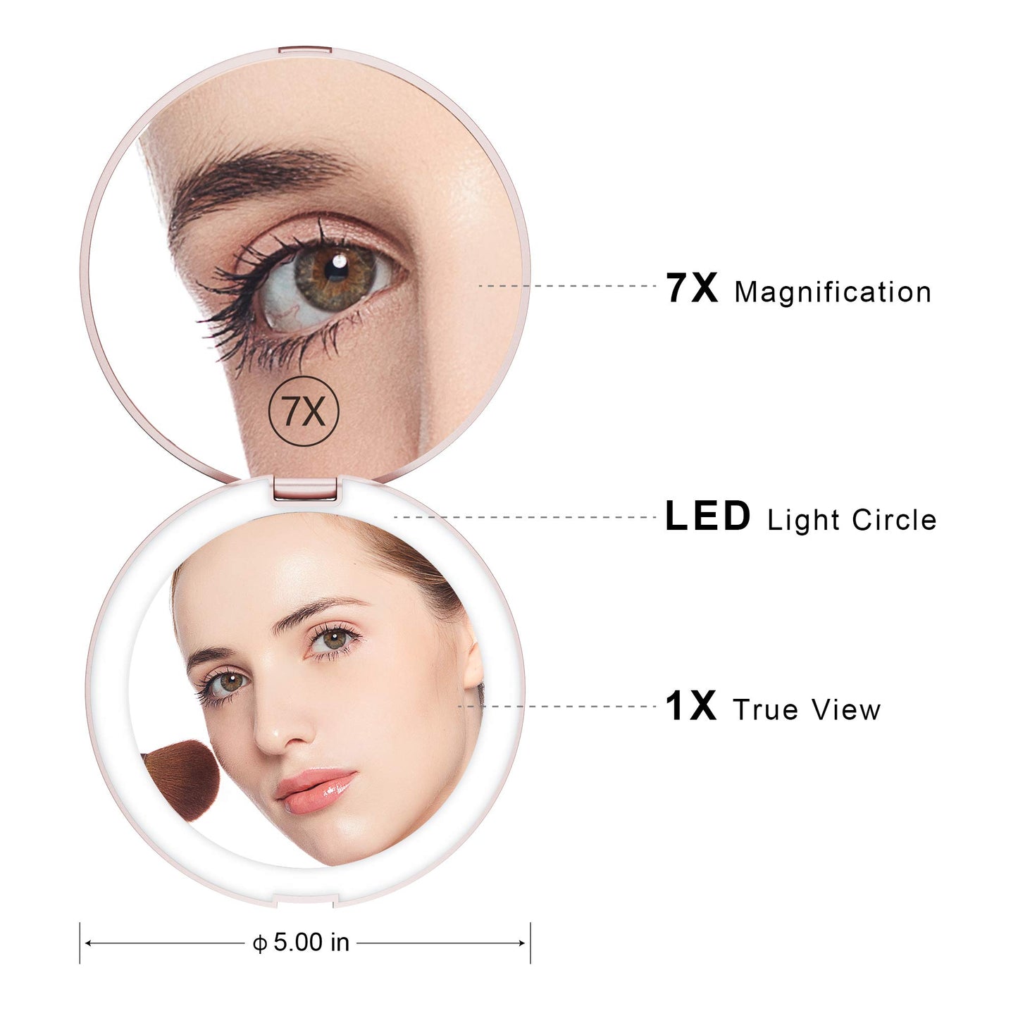 Benbilry LED Lighted Compact Travel Makeup Mirror with Lights, 1x/7x Magnification, 5 Inch Dual Sided Portable Illuminated - Perfect for Handbag