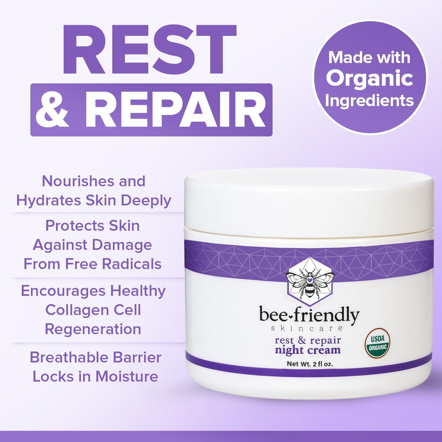 BeeFriendly Organic Night Cream, USDA Certified Organic, Deep Hydrating & Moisturizing Night Time Eye, Face, Neck & Decollete Cream for Women and Men