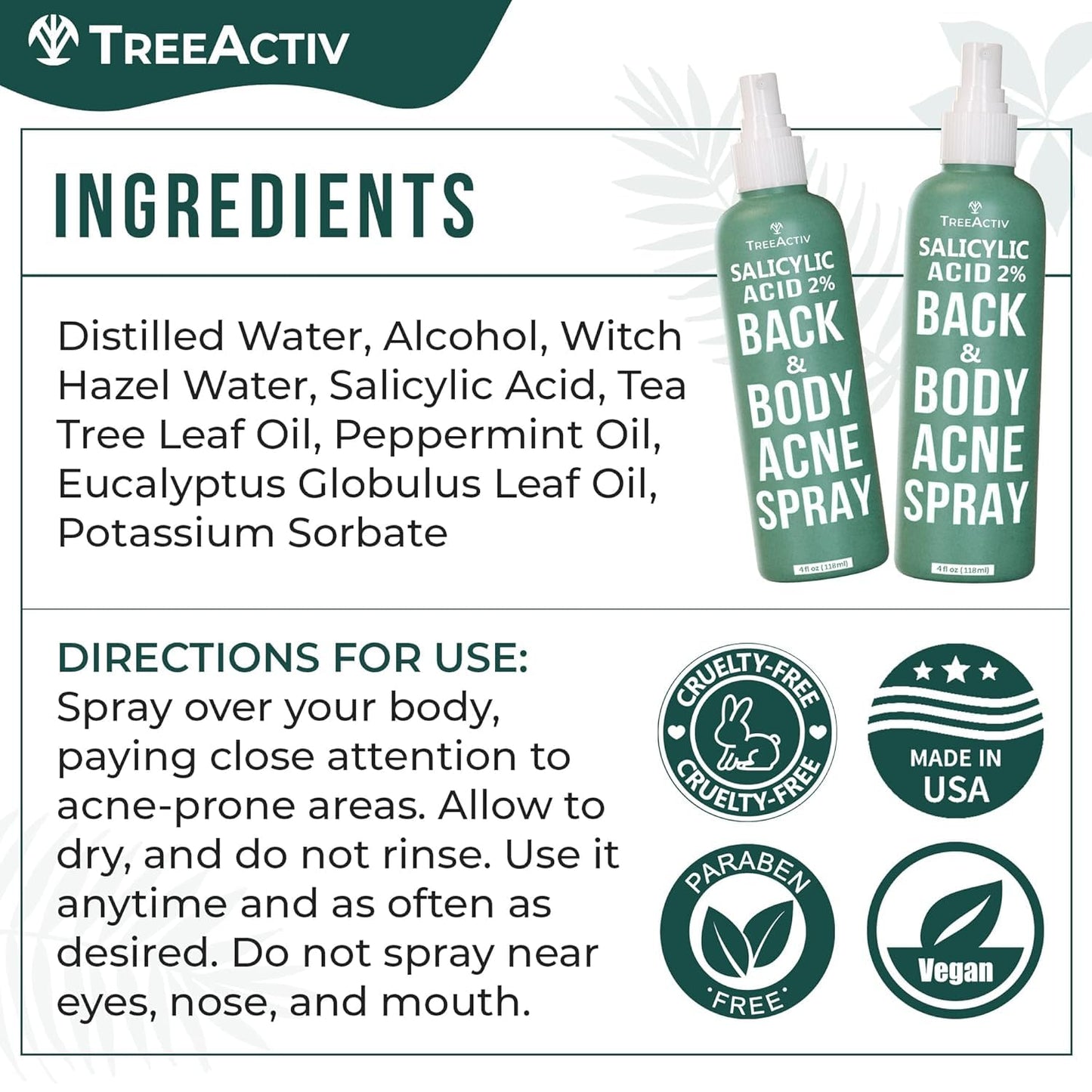 Salicylic Acid Back & Body Acne Spray, Back Acne Solution For Women And Men, Acne Body Spray with Tea Tree Oil, Fast-Drying Back Acne Spray, Fine