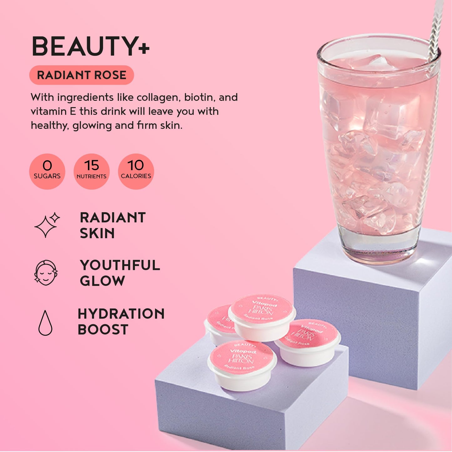 Vitapod Paris Hilton x Daily Wellness System - 22oz Pearlescent Water Bottle in Champagne Kiss & 6 Drink Mix Pod Sampler, Includes BEAUTY+…