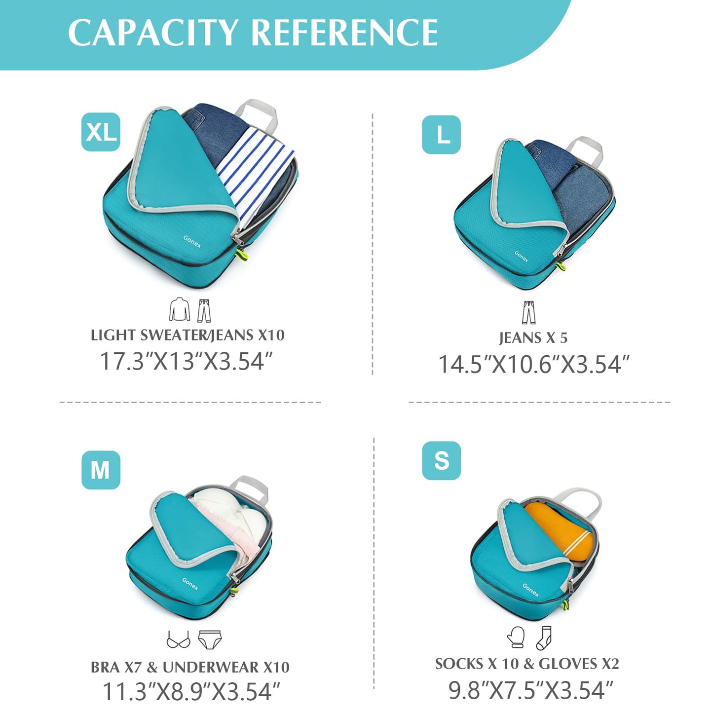 Gonex Compression Packing Cubes, 4pcs Expandable Storage Travel Luggage Bags Organizers (Blue)