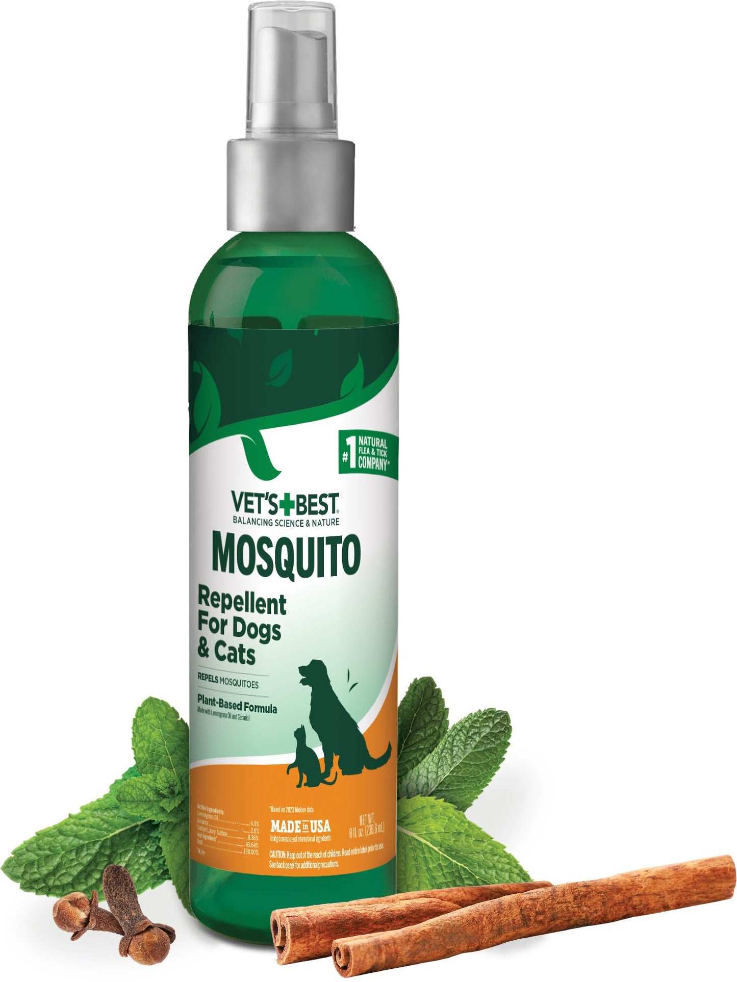 Vet's Best Natural Mosquito Repellent Spray for Dogs and Cats – Plant-Based Protection with Certified Essential Oils – DEET-Free Outdoor Pest Repellent for Pets – Natural and Safe – 8 oz Bottle
