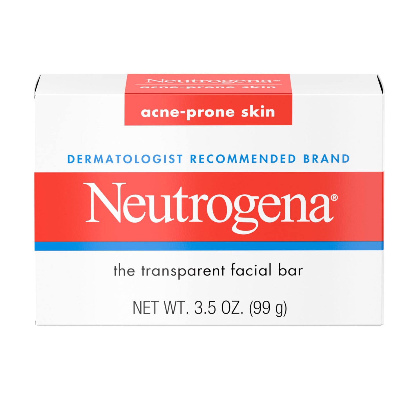 Neutrogena Facial Cleansing Bar for Acne-Prone Skin, Gentle Non-Medicated Daily Cleanser, Non-Comedogenic Transparent Soap with Glycerin, No Dyes or
