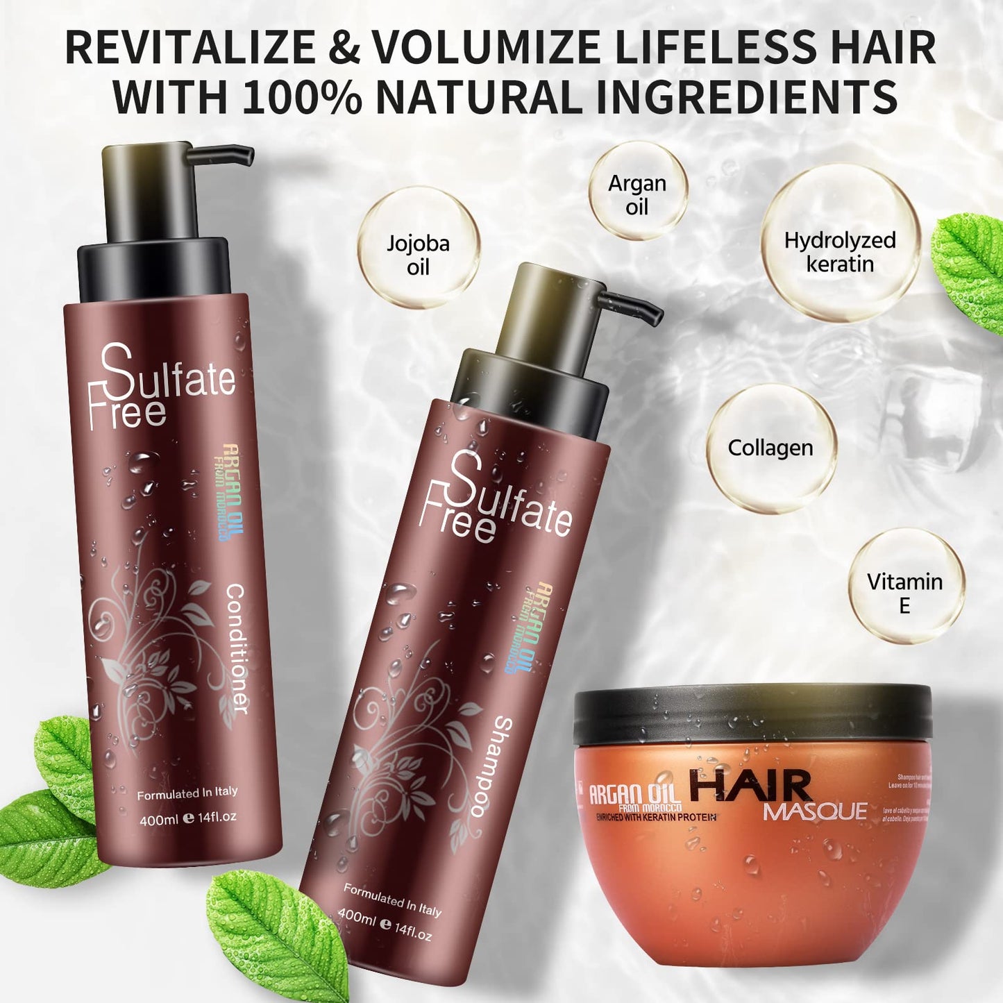 Nuspa Moroccan Argan Oil Hair Care Set - Sulfate Free for Damaged, Dry, Frizzy, Color Safe, Keratin Treated Hair with Long Lasting Shine