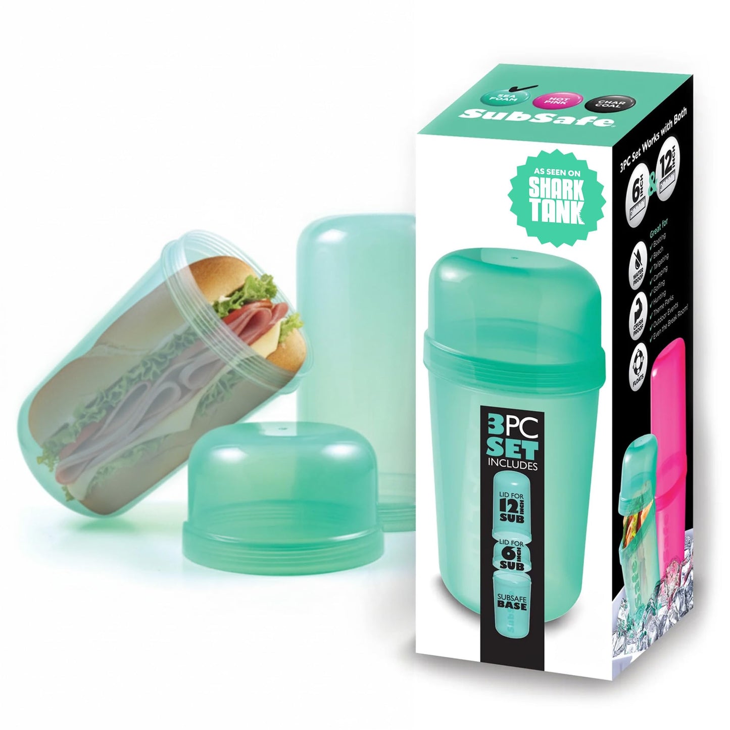 SubSafe 3-Piece Sub Sandwich Container, Seafoam Green - As Seen on Shark Tank - Waterproof, Crushproof, BPA-Free Food Storage that Floats - Fits 6…