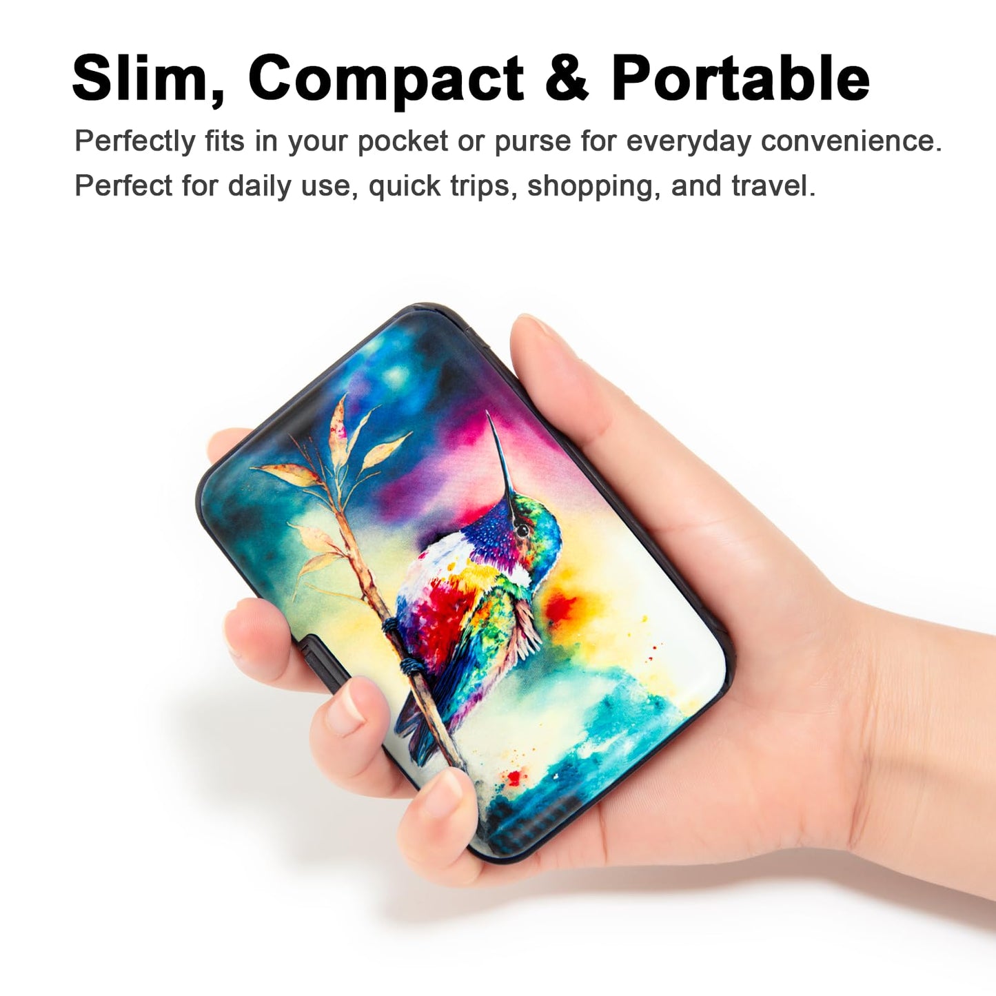 Kaabao Credit Card Holder for Women Men RFID Blocking Wallet Small Business Metal Slim Mini Aluminum Hard Case (Watercolor Painting Hummingbird)