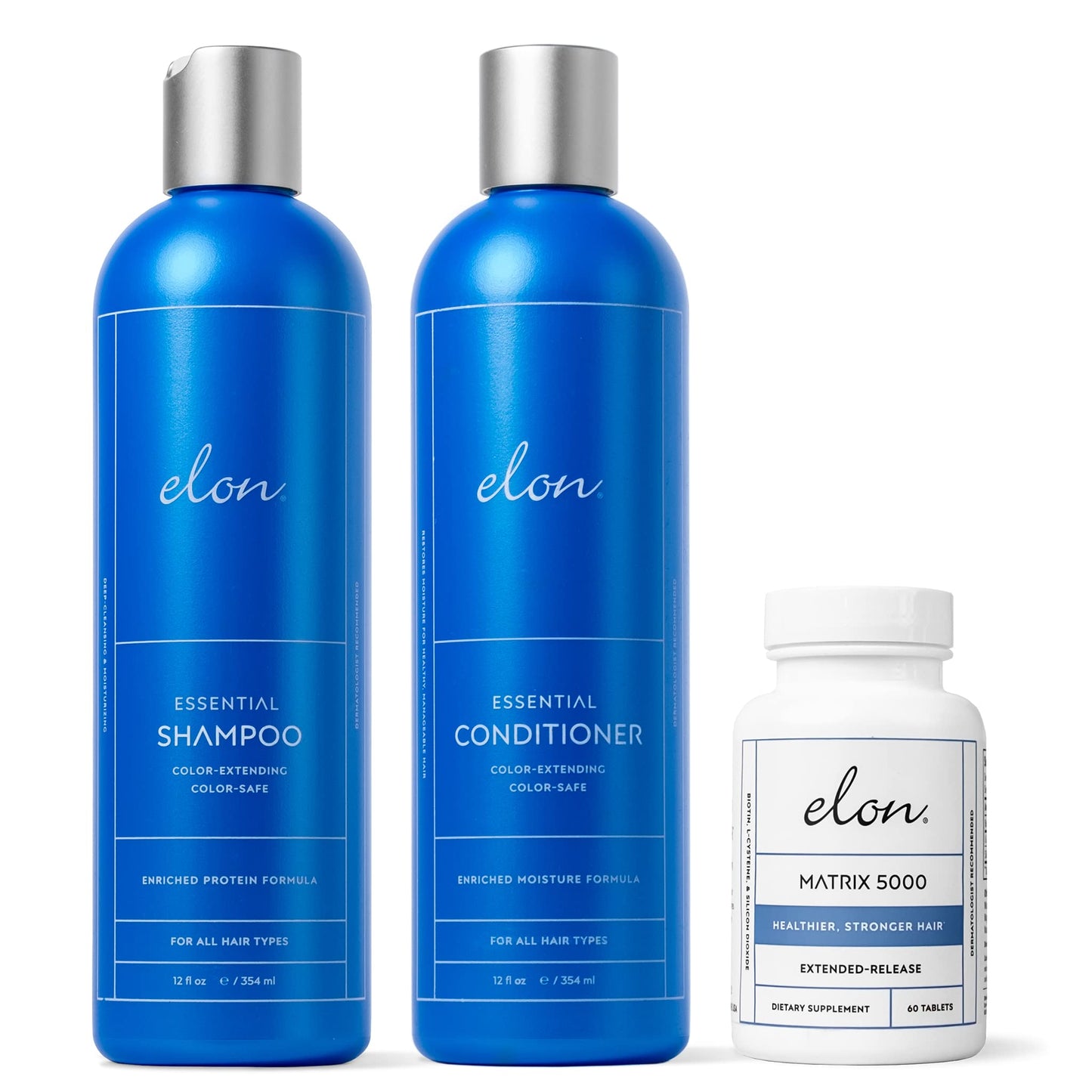 Elon Complete Kit for Thinning Hair - Elon Essential Shampoo and Conditioner Set + Matrix 5000 Hair Growth Supplement - NO Sulfates, Parabens or