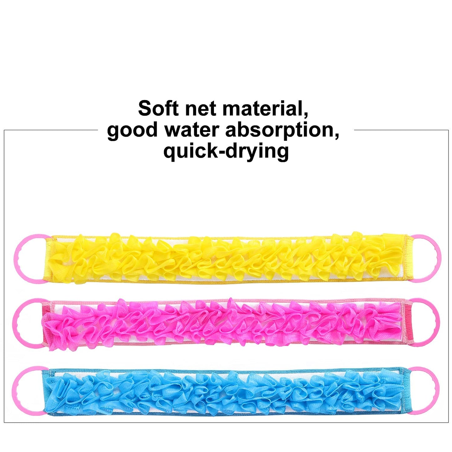3 PACK Double-Sided Lace Cloth Back Loofah Scrubber Bath Scrub Shower Sponge Long Exfoliating Back Scrubber Scratcher Strap With Handle, Cream Skin