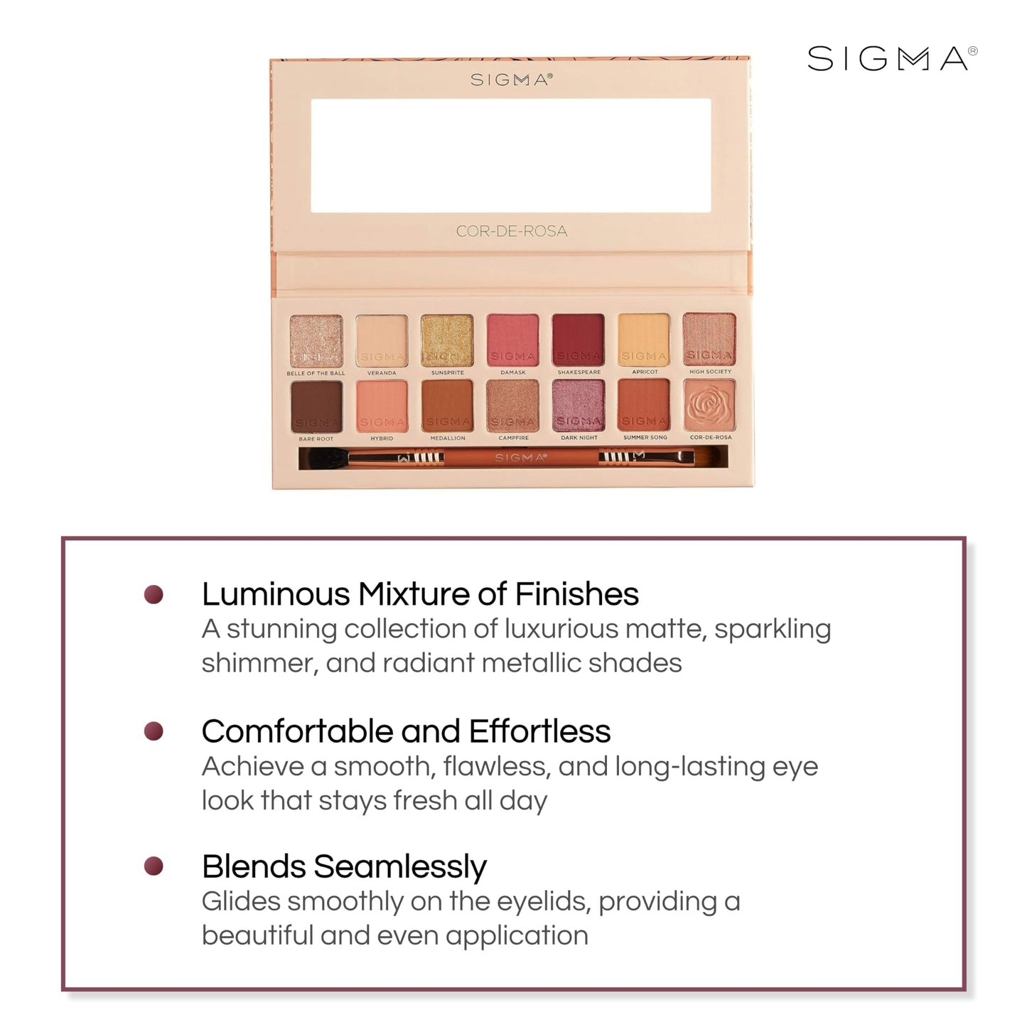 Sigma Beauty Cor-De-Rosa Eyeshadow Palette - 14 Warm Eyeshadow Shades in Matte, Shimmer and Metalic Finishes - Highly Pigmented Vegan Eye Makeup