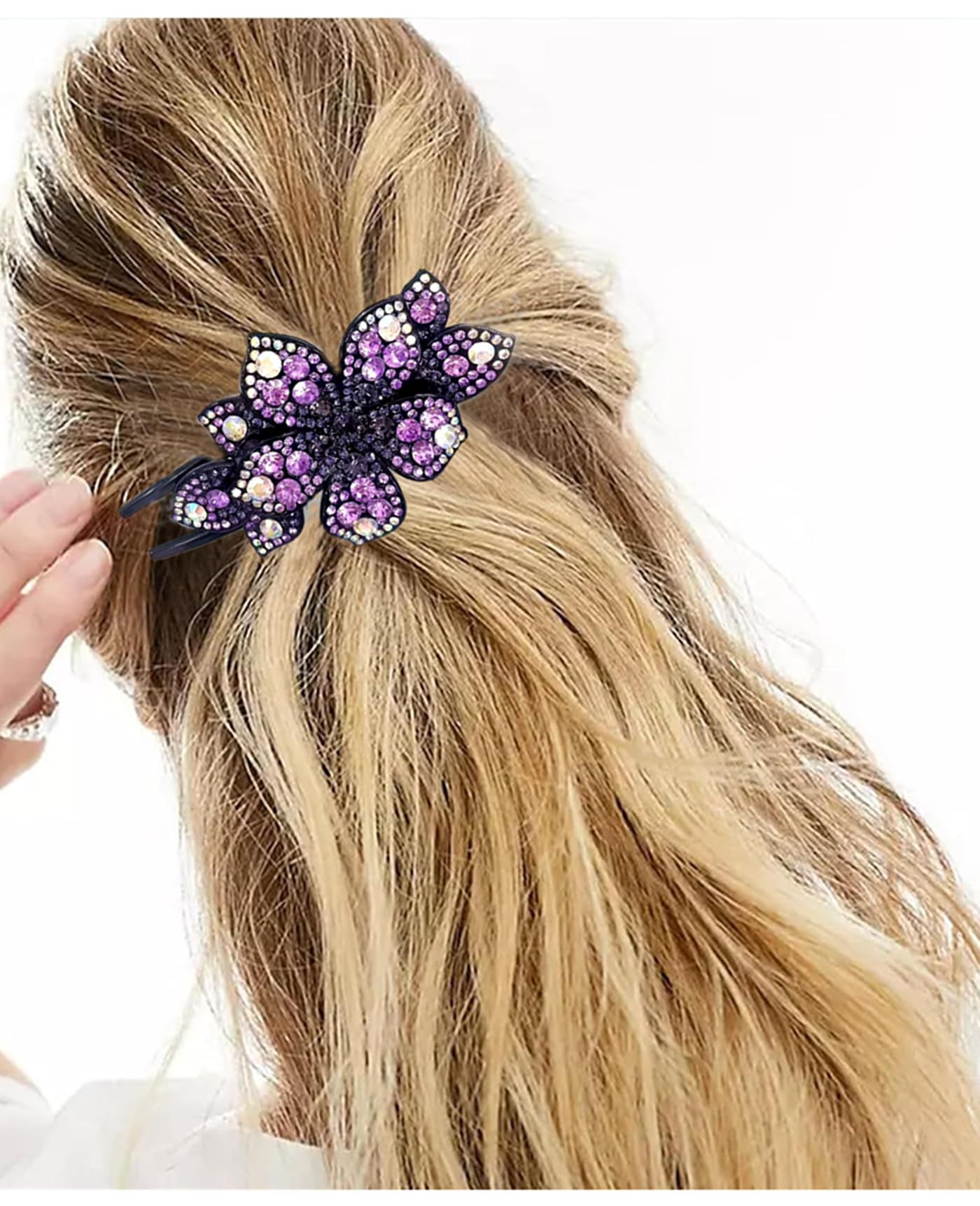 5 Pcs double flower decorative jeweled rhinestone hair clip pretty fancy floral thick crystal hair clips for women beautiful fashion designer asian