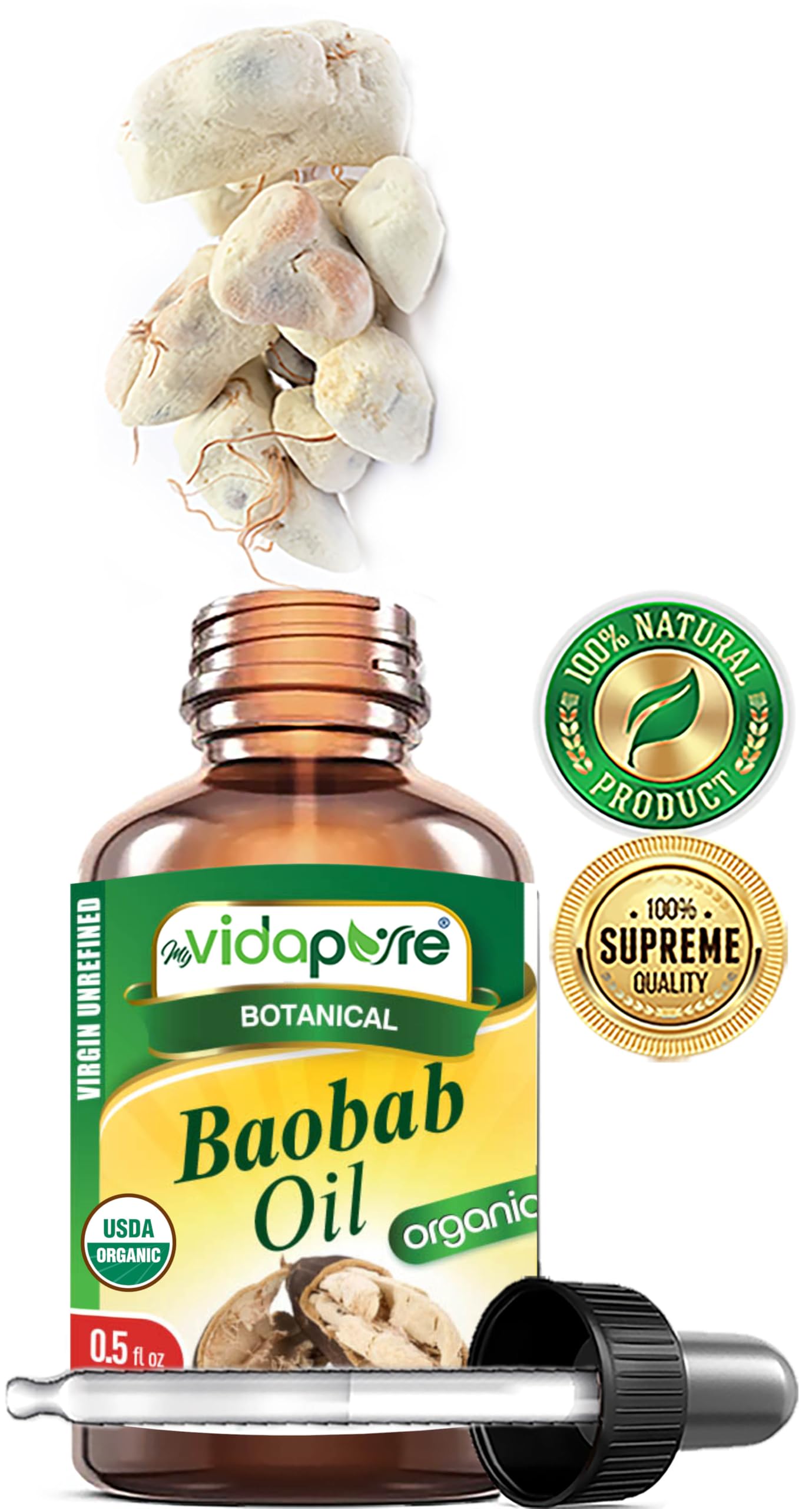 MYVIDAPURE Organic BAOBAB OIL Certified Organic 100% Natural Pure VIRGIN UNREFINED for Skin, Face, Hair, Lip and Nail Care (0.5 Fl Oz)