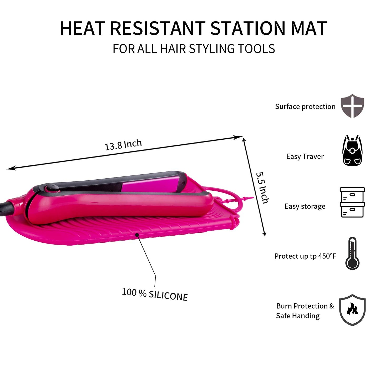 ZAXOP Silicone Heat Resistant Holder Mat Pouch for Flat Iron,Curling Iron,Hot Hair Tools(Hotpink)
