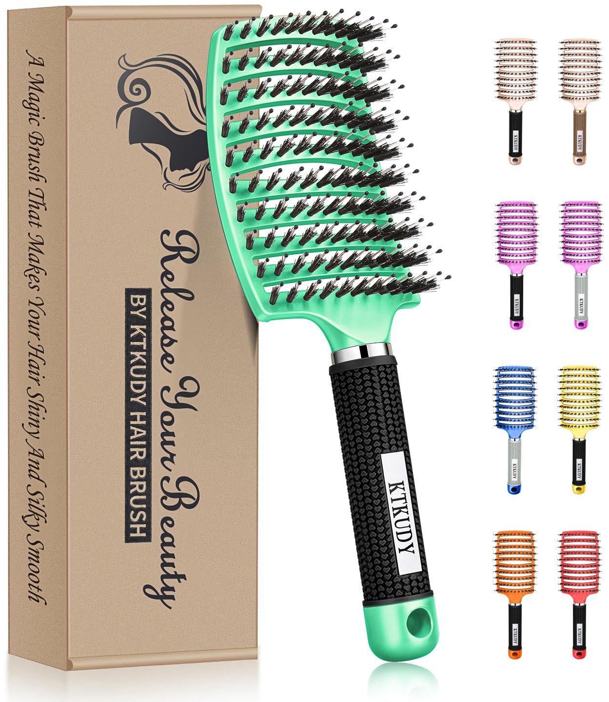 KTKUDY Detangling Brush Boar Bristles Hairbrush Make Hair Shiny & Healthier Curved and Vented Detangler Brush for Women Men Kids Wet & Dry Hair (Light