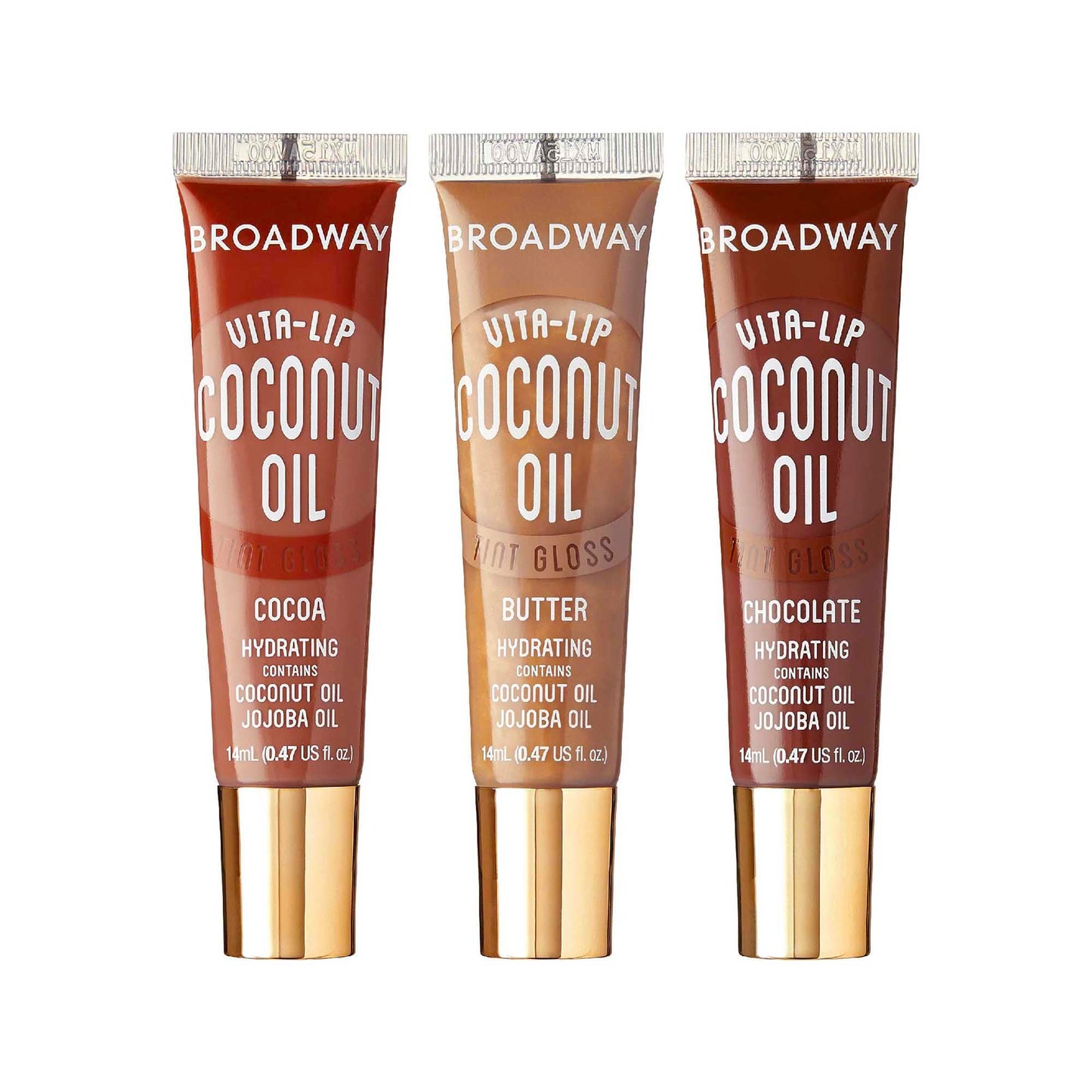 Ruby Kisses Broadway Vita-Lip Tinted Lip Gloss Set (3 Pack Cocoa, Butter, Chocolate) Ultra-Hydrating Coconut + Jojoba Oil & Soothing Formula