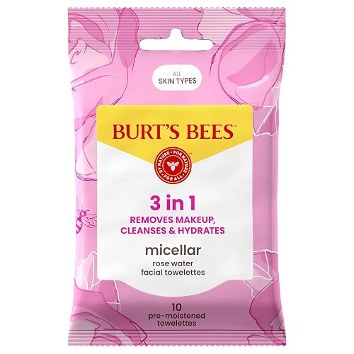 Burt’s Bees Micellar Rose Water Facial Towelettes, 100% Plant Based Cloth; 99% Natural Origin; Remove Makeup, Cleanse, Hydrate; No Greasy, Oily