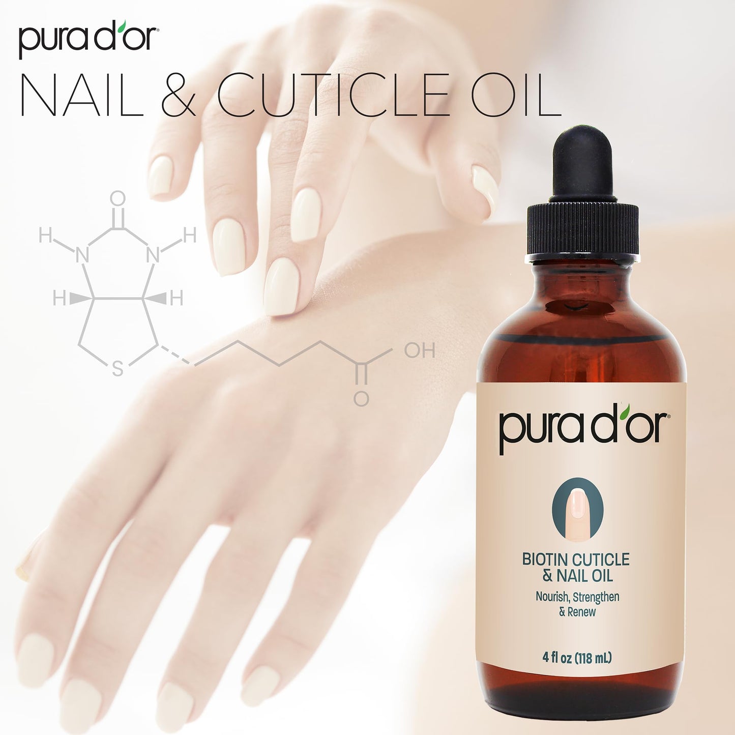 PURA D'OR 4 Oz Nail and Cuticle Oil - Nourishing Treatment with Dropper - Natural Blend Enriched with Biotin, Vitamin E, Milk for Nail Growth, Healthy
