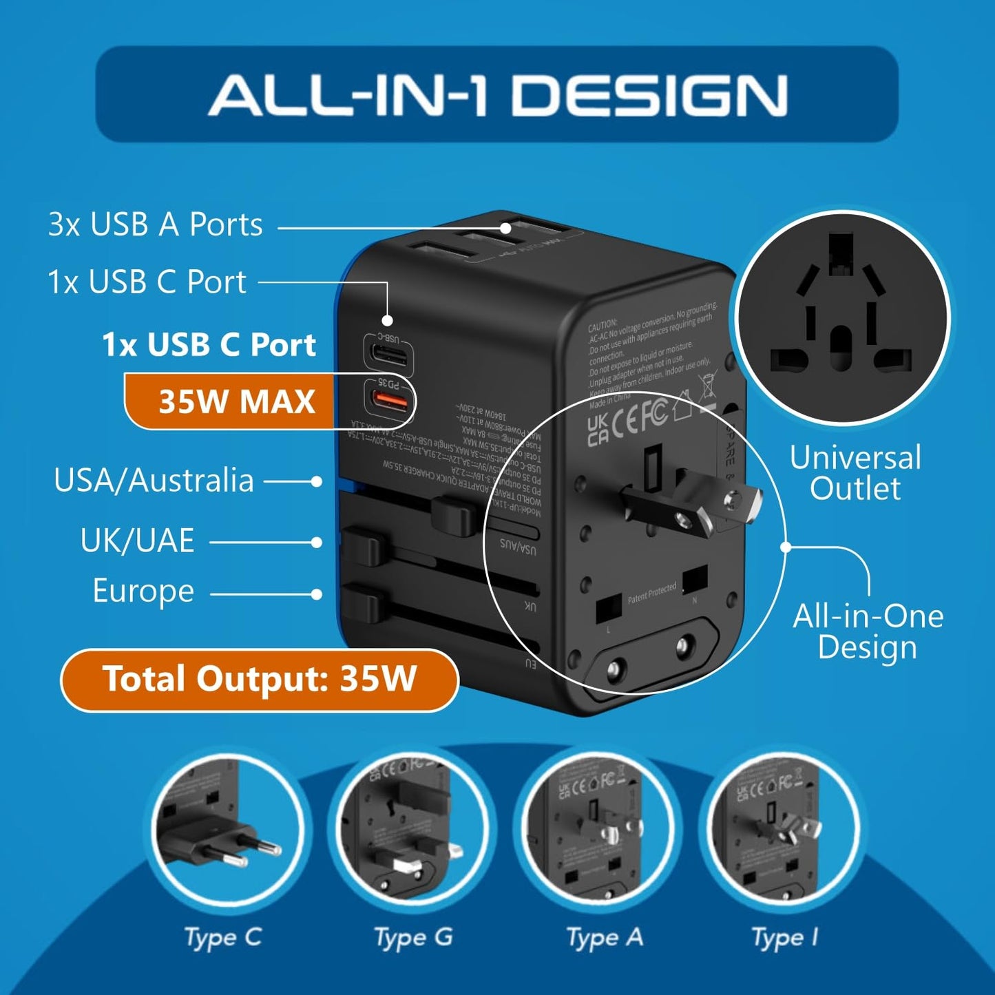 Ceptics 35W Universal Travel Adapter – PD & QC 3.0, Dual USB-C, 3 USB Ports, Worldwide Plug for EU/US/UK/AU – Model 11-KU