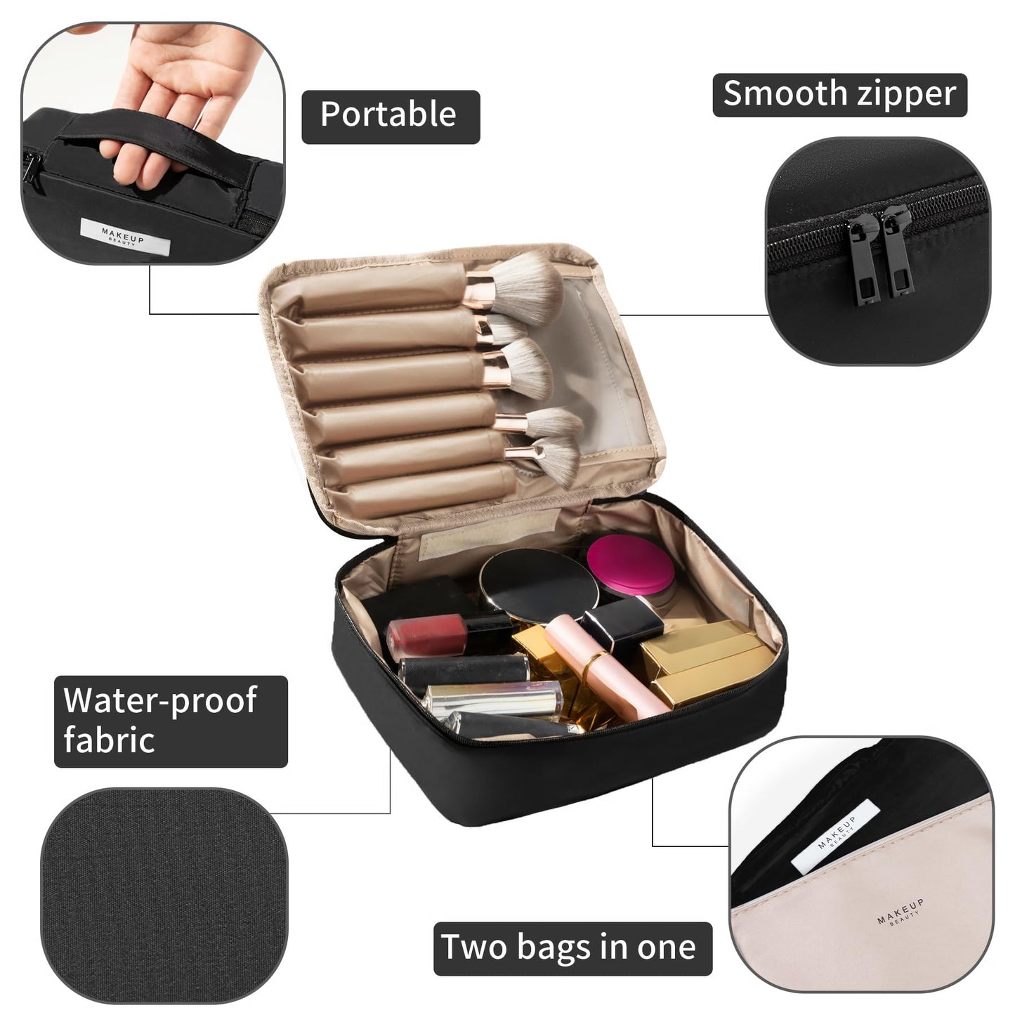 Queboom Travel Makeup Bag Cosmetic Bag Makeup Bag Toiletry bag for women and men (Black) Beauty and Personal Care Queboom